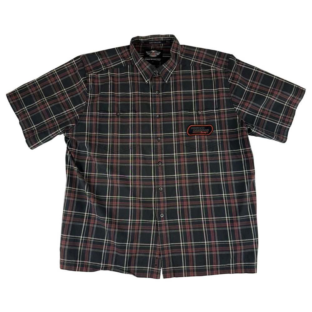 Harley-Davidson Button‎ Down Mens 2XL Black Plaid Racing Short Sleeve Shirt